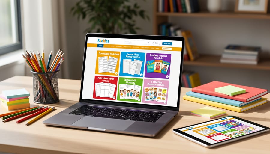 Teacher and student interacting with educational tablet showing learning resources