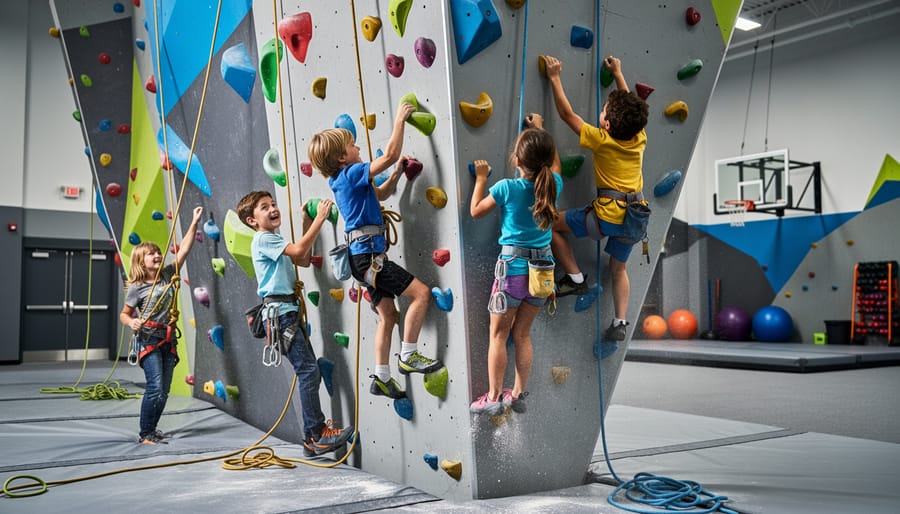 Child climbing outdoor wooden structure showing physical engagement and determination