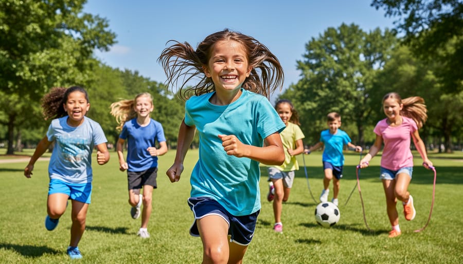Close-up of happy child's face showing joy during outdoor physical activity