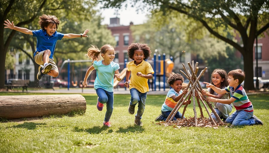 Diverse group of children playing actively together in outdoor park setting
