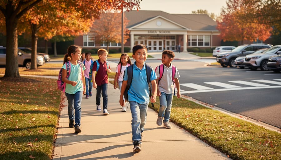 Parent and children walking together on sidewalk as active transportation to school