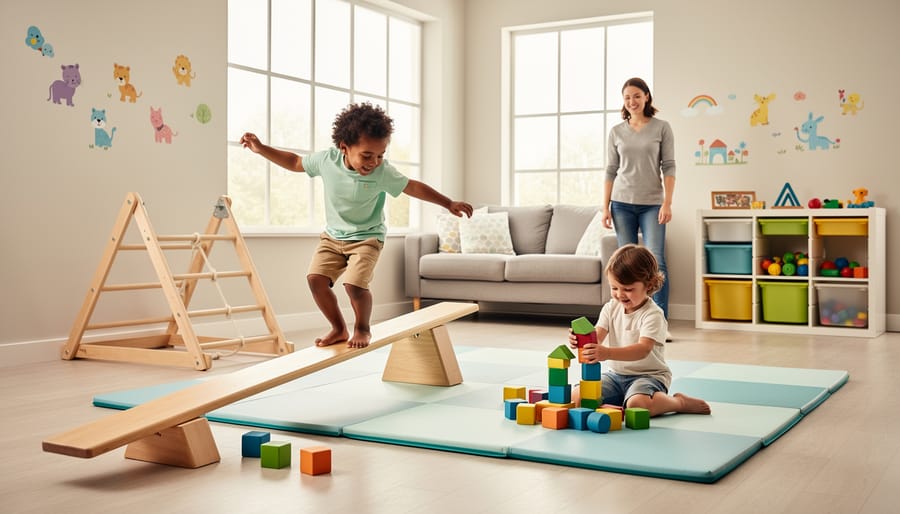 Overhead view of safe indoor play space with foam mat and activity setup