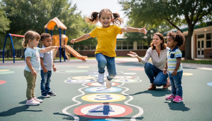 Preschooler jumping on numbered floor tiles during active learning game