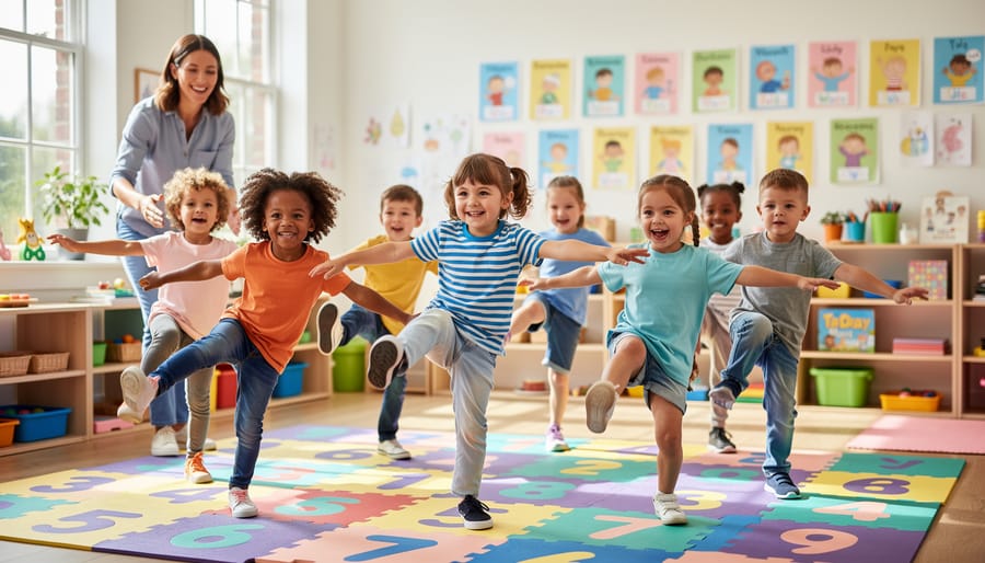 Preschool children playing freeze dance game indoors with dynamic poses