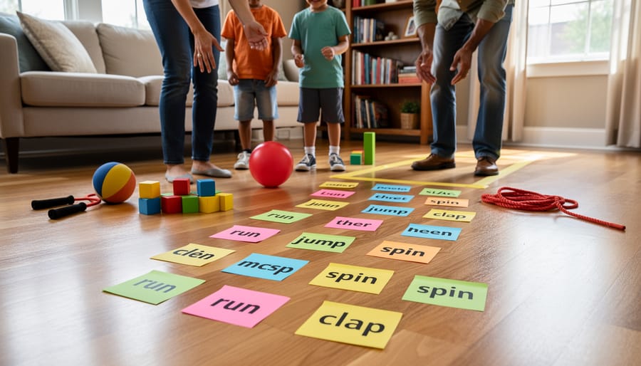 Colorful flashcards and movement game props arranged on a living-room floor.