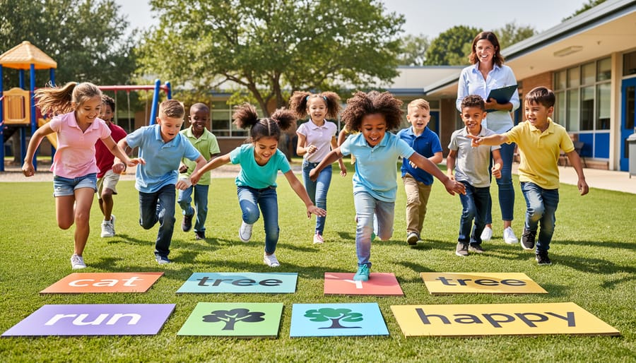 Children running and tossing a ball during an active vocabulary game outdoors.
