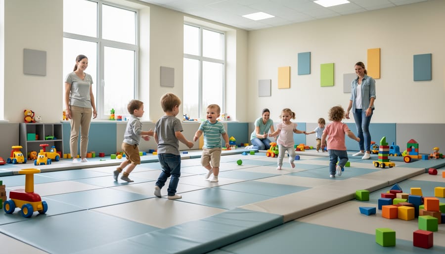 Adult supervising children practicing gentle movement on a gym mat in an indoor play area.