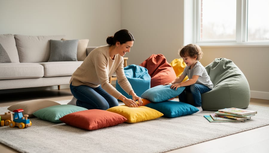 A parent and kindergarten child setting up a home physical activity area with cushions and bean bags on a living room floor.
