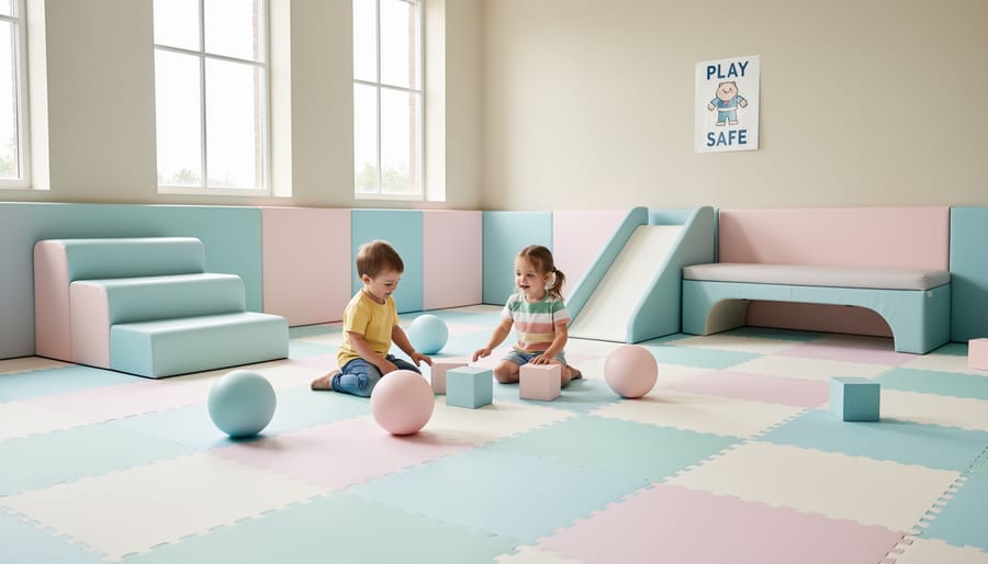 Cleared and padded home play space for a kindergarten physical activity, with tape-marked balance path and safety-focused setup.