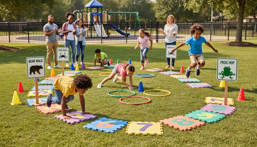 Kindergarten child doing animal walks in a backyard obstacle area with hula hoops and a soft mat.