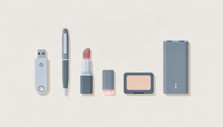 Everyday objects like a USB drive, pen, and highlighter on a kitchen counter with a vague device silhouette in the background