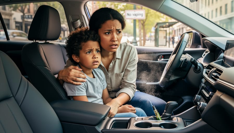 Parent holding a child’s hand near a car window in soft daylight