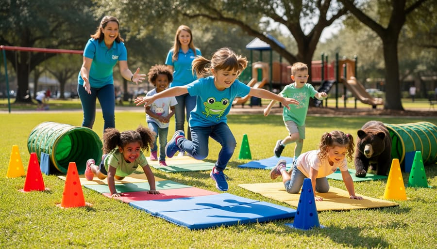 Preschoolers crawling and jumping through an animal-walk obstacle course outdoors.