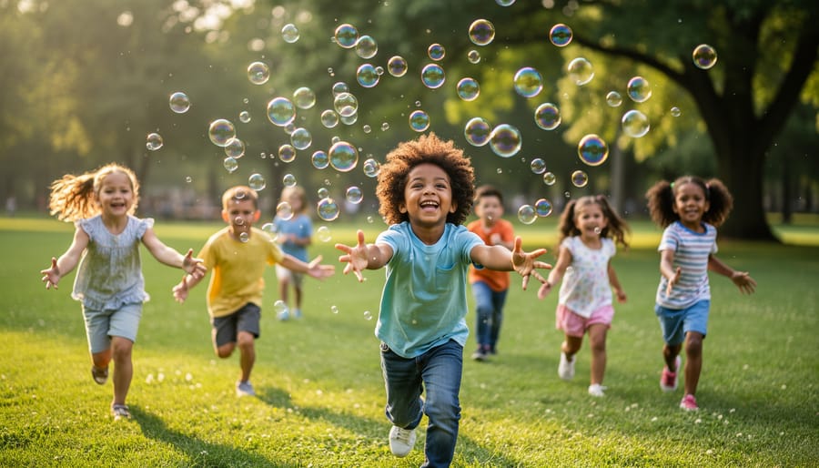 Preschooler running to reach and pop bubbles during Bubble Pop Dash outdoors.