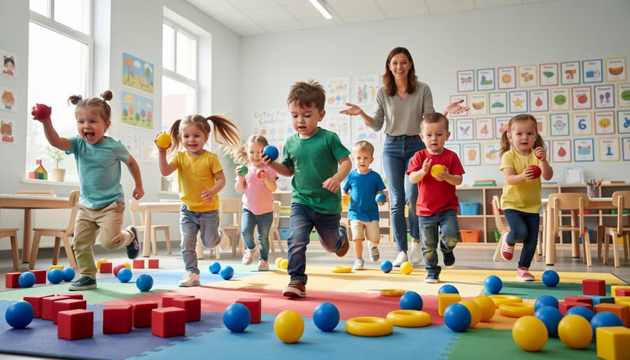 Preschoolers running in a color hunt race outdoors while collecting red items in a basket.