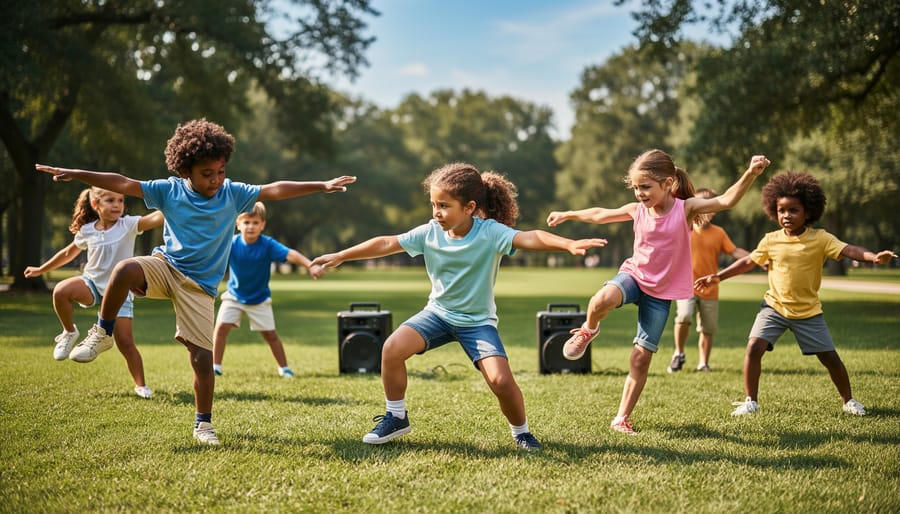 A preschooler freezes in a balanced pose while playing freeze dance outdoors.