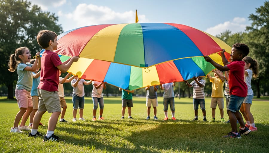 Preschoolers holding a colorful parachute together while playing outdoors.