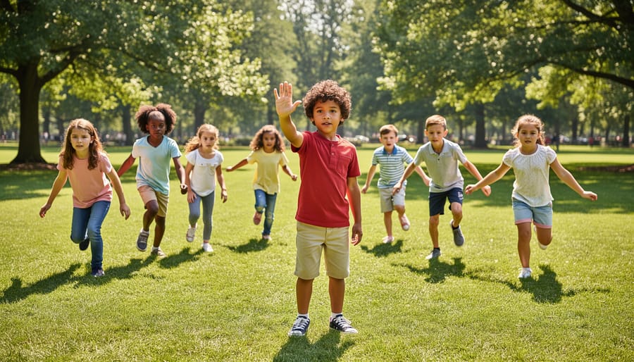 Preschoolers playing stop-and-go Red Light, Green Light outdoors on a grassy field.