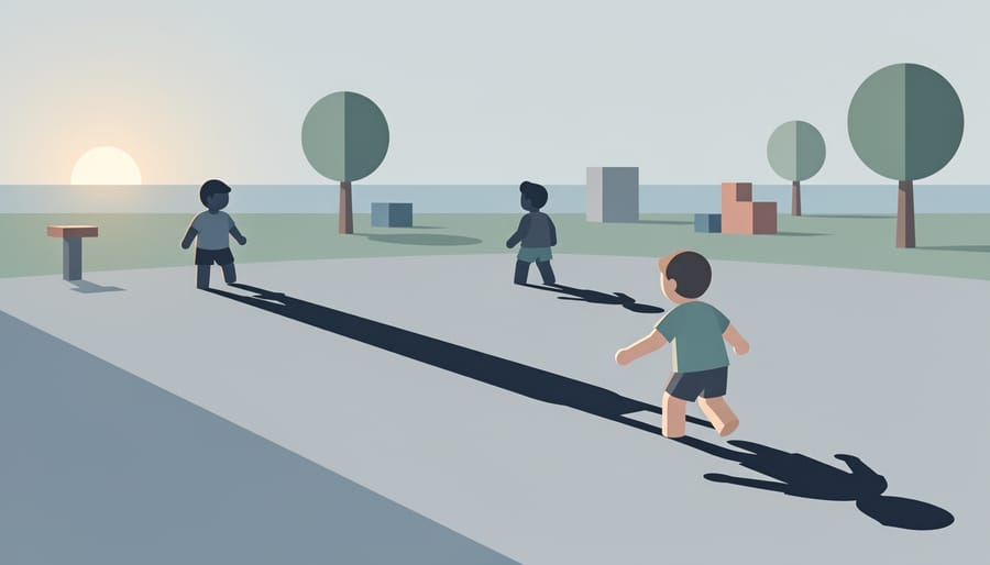 Children playing Shadow Tag outdoors with long shadows visible on the ground.