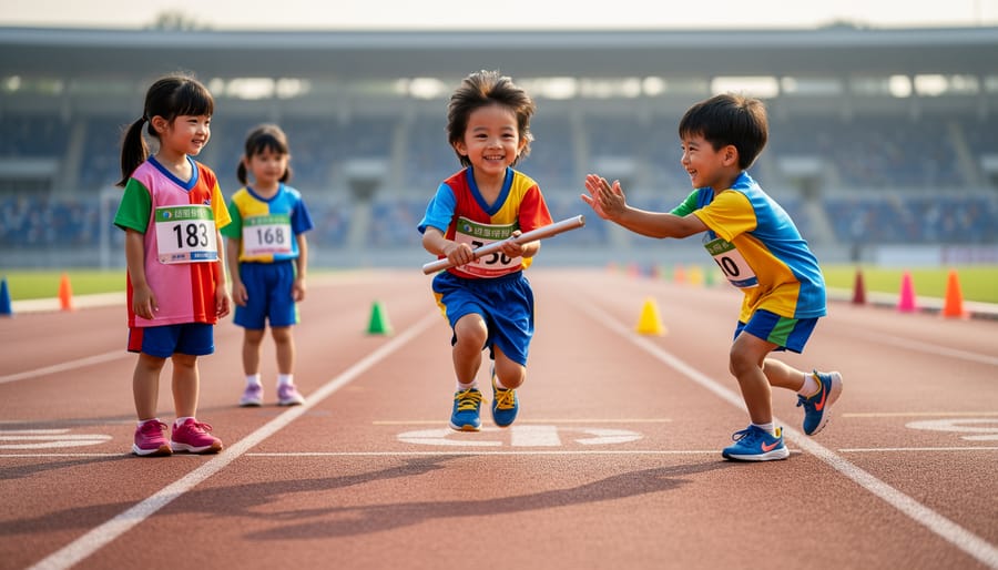 Preschoolers taking part in a simple relay race outdoors while carrying a beanbag.